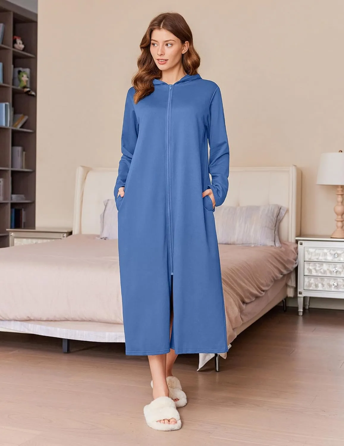 Ekouaer Robe for Women Zipper Robe Loungewear Full Length Sleepwear Pockets Housecoat Casual Straight Robe S-XXL