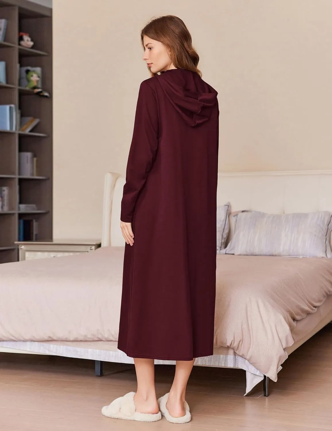 Ekouaer Robe for Women Zipper Robe Loungewear Full Length Sleepwear Pockets Housecoat Casual Straight Robe S-XXL