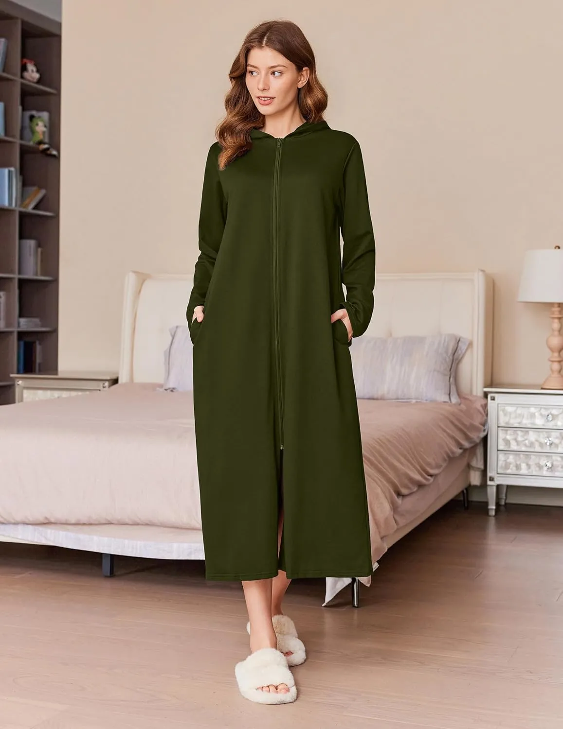 Ekouaer Robe for Women Zipper Robe Loungewear Full Length Sleepwear Pockets Housecoat Casual Straight Robe S-XXL