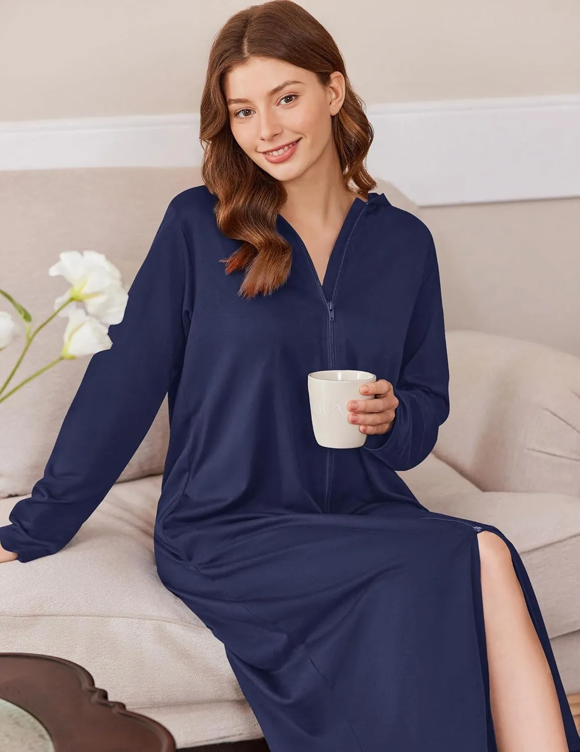 Ekouaer Robe for Women Zipper Robe Loungewear Full Length Sleepwear Pockets Housecoat Casual Straight Robe S-XXL