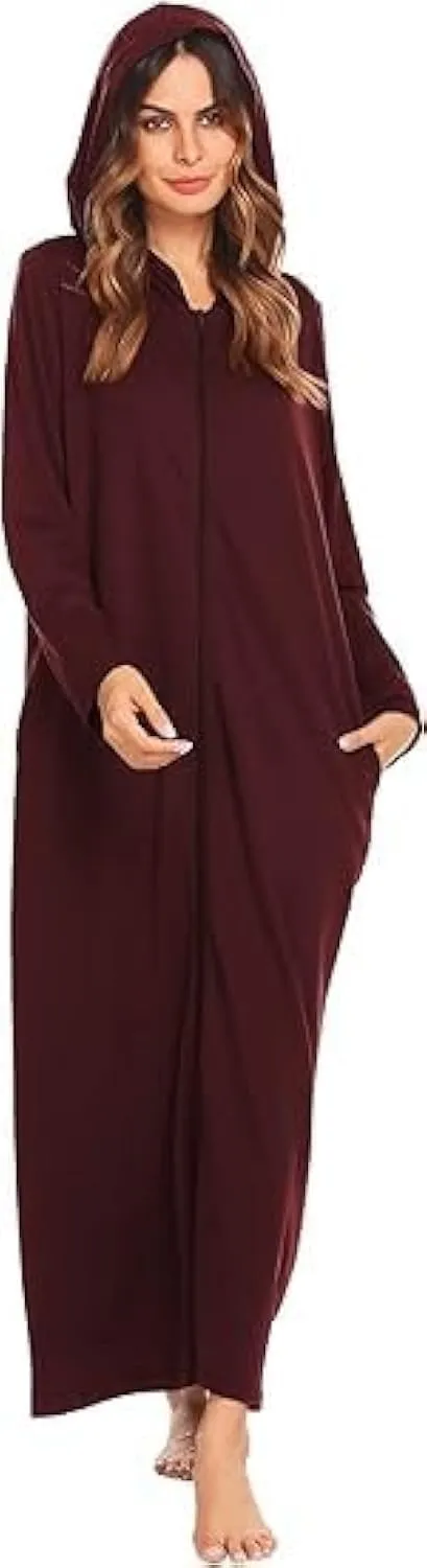 Ekouaer Robe for Women Zipper Robe Loungewear Full Length Sleepwear Pockets Housecoat Casual Straight Robe S-XXL