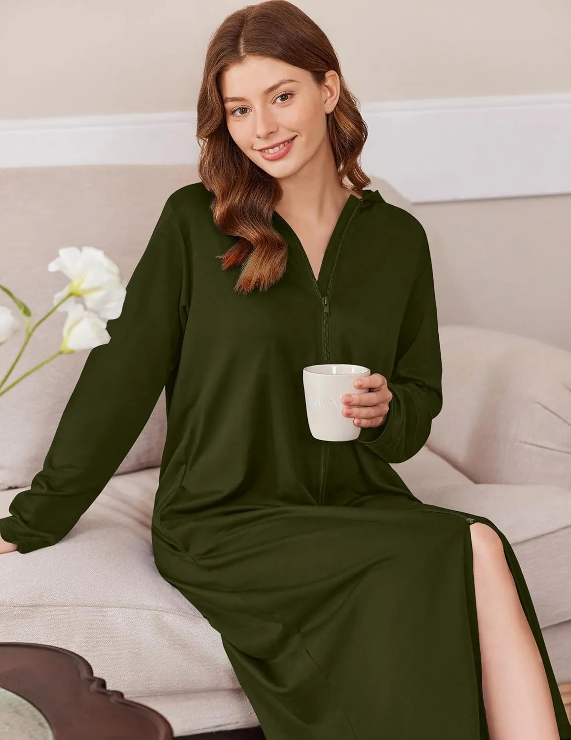Ekouaer Robe for Women Zipper Robe Loungewear Full Length Sleepwear Pockets Housecoat Casual Straight Robe S-XXL