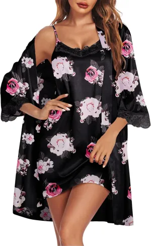 Ekouaer Sleepwear Women's Satin Nightgown with Robes Set 2 Piece Sexy Lace Cami Nightwear