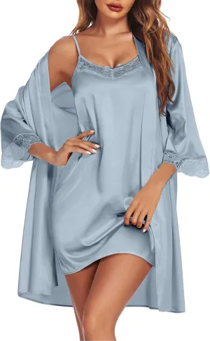 Ekouaer Sleepwear Women's Satin Nightgown with Robes Set 2 Piece Sexy Lace Cami Nightwear