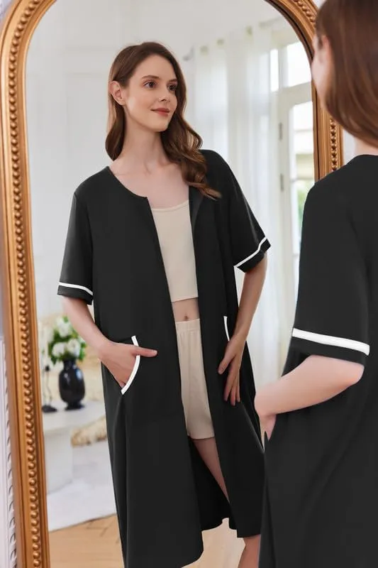 Ekouaer Women Zipper Robe Short Sleeve Duster Housecoat Short Bathrobes Zip Front Nightgown with Pockets S-3XL