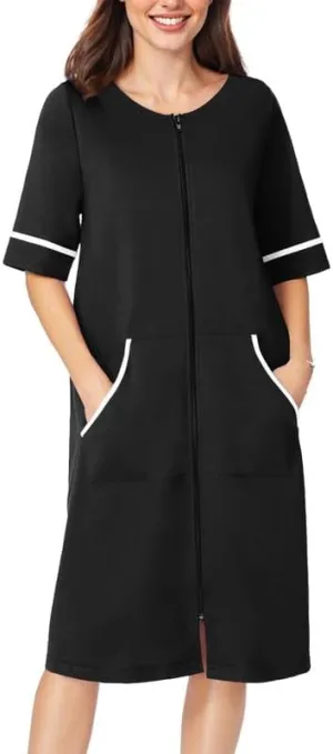 Ekouaer Women Zipper Robe Short Sleeve Duster Housecoat Short Bathrobes Zip Front Nightgown with Pockets S-3XL