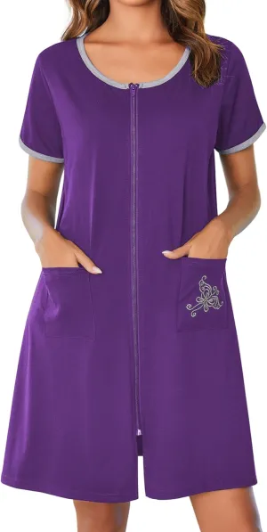 Ekouaer Zip Up Robes for Women Short Sleeves Zipper House Coat Short Bathrobes Lightweight Nightgown with Pockets S-3XL