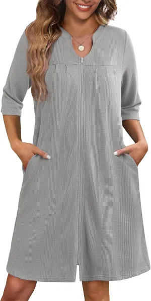 Ekouaer Zipper Robes for Women 3/4 Sleeve Waffle Knit Bathrobe Lightweight Short Housecoat with Pockets Soft Loungewear S-3XL