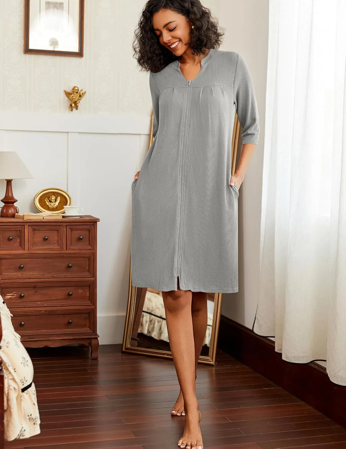 Ekouaer Zipper Robes for Women 3/4 Sleeve Waffle Knit Bathrobe Lightweight Short Housecoat with Pockets Soft Loungewear S-3XL