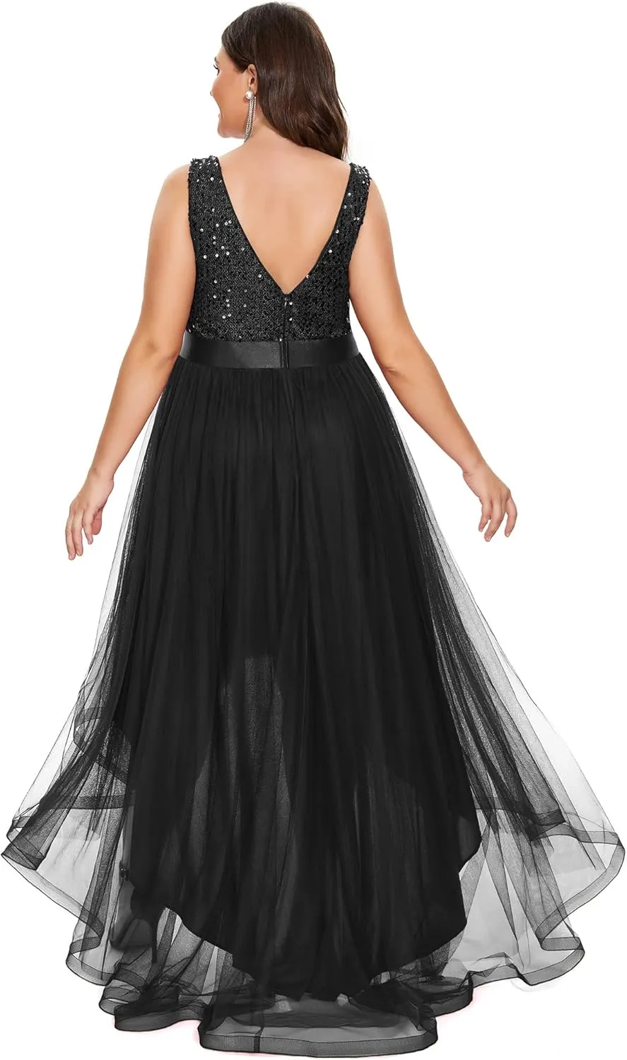 Ever-Pretty Womens Double V Neck A Line High Low Sequin Tulle Plus Size Formal Dresses for Curvy Women 0147A-DA