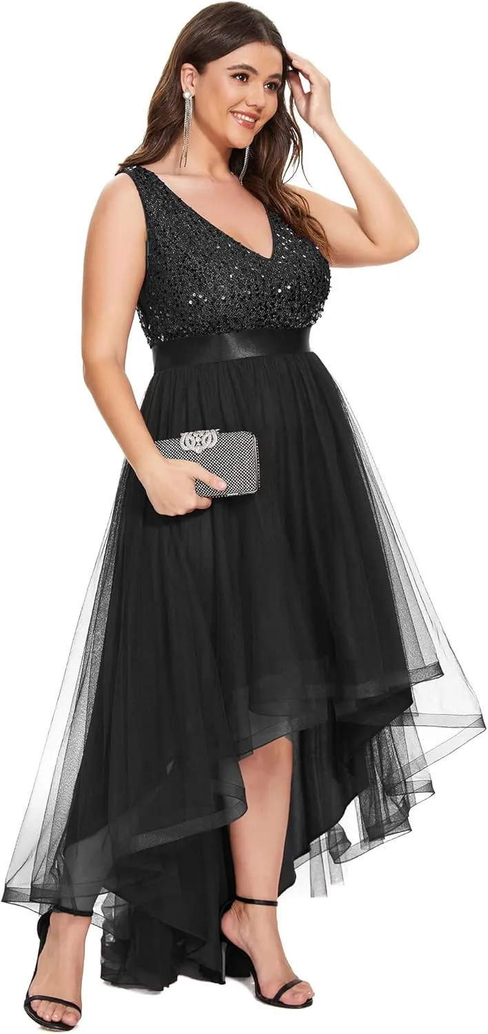 Ever-Pretty Womens Double V Neck A Line High Low Sequin Tulle Plus Size Formal Dresses for Curvy Women 0147A-DA
