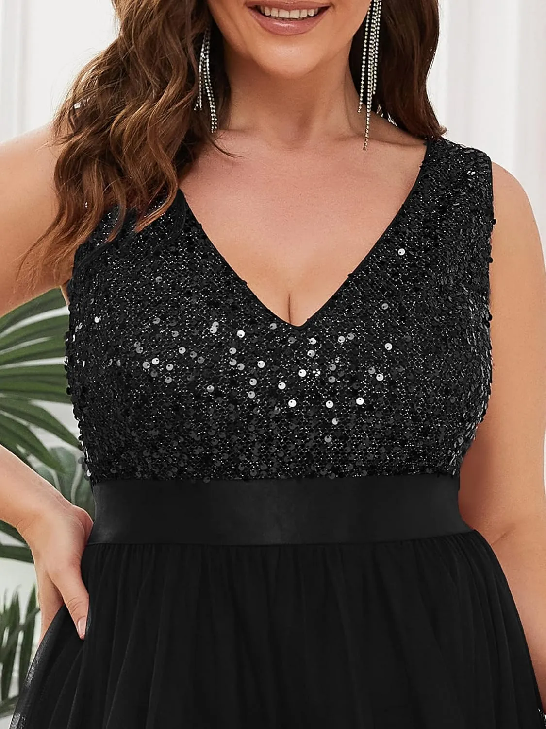 Ever-Pretty Womens Double V Neck A Line High Low Sequin Tulle Plus Size Formal Dresses for Curvy Women 0147A-DA