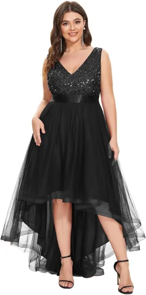 Ever-Pretty Womens Double V Neck A Line High Low Sequin Tulle Plus Size Formal Dresses for Curvy Women 0147A-DA