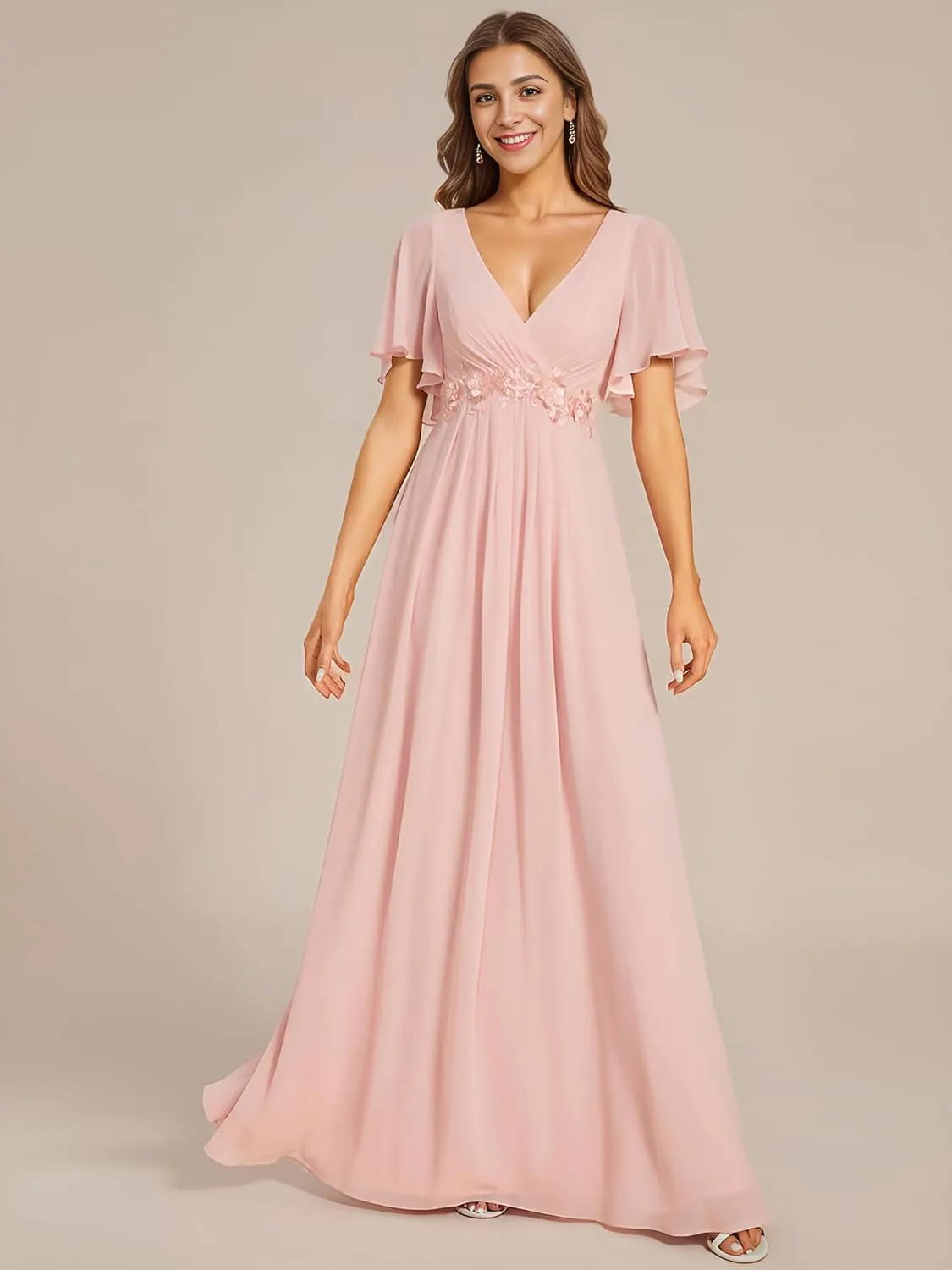 Ever-Pretty Women's Mother's Dress Chiffon V Neck A Line Appliques Waist Formal Dresses 01960