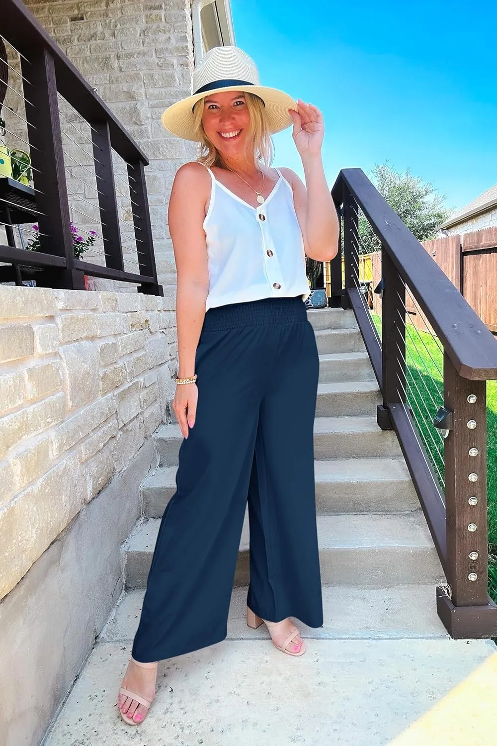 Febriajuce Womens High Waist Wide Leg Pants Smocked Elastic Waist Flowy Palazzo Lounge Pants Loose Trousers with Pockets