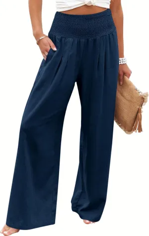 Febriajuce Womens High Waist Wide Leg Pants Smocked Elastic Waist Flowy Palazzo Lounge Pants Loose Trousers with Pockets