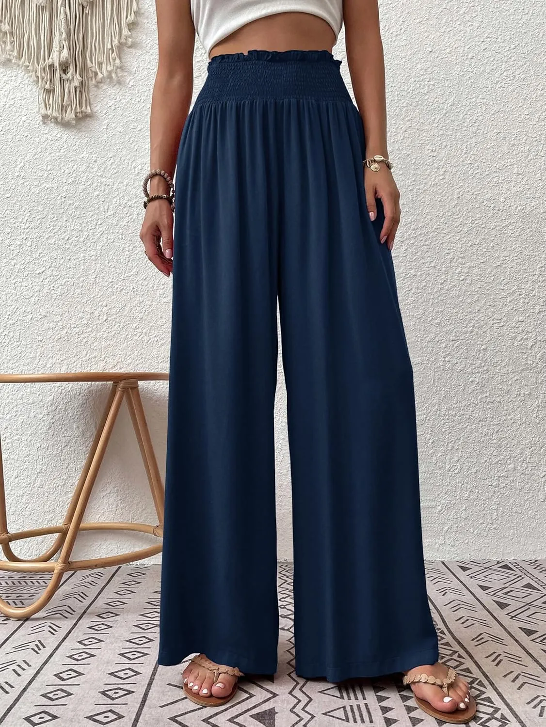 Febriajuce Womens High Waist Wide Leg Pants Smocked Elastic Waist Flowy Palazzo Lounge Pants Loose Trousers with Pockets