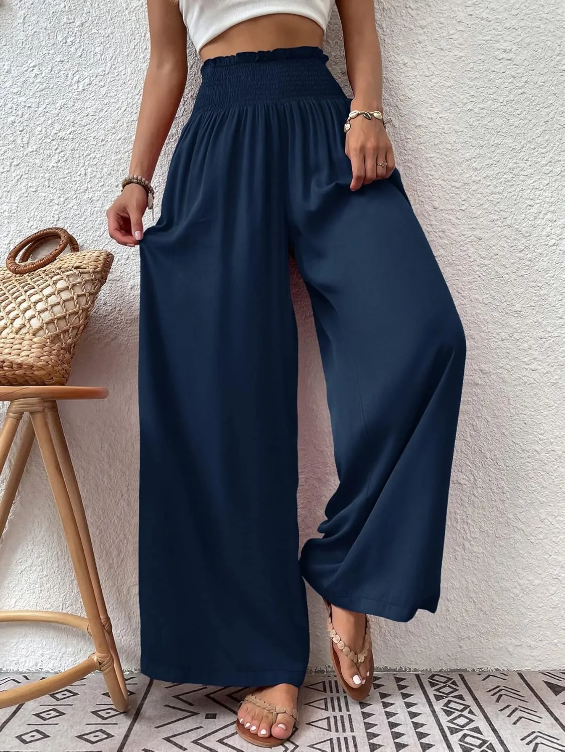 Febriajuce Womens High Waist Wide Leg Pants Smocked Elastic Waist Flowy Palazzo Lounge Pants Loose Trousers with Pockets