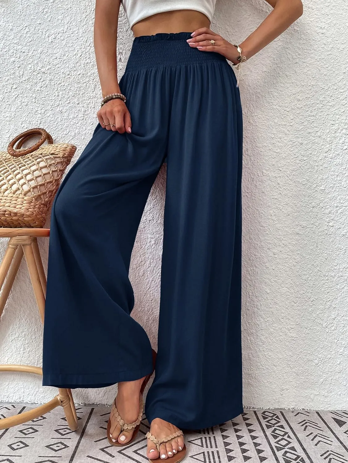 Febriajuce Womens High Waist Wide Leg Pants Smocked Elastic Waist Flowy Palazzo Lounge Pants Loose Trousers with Pockets