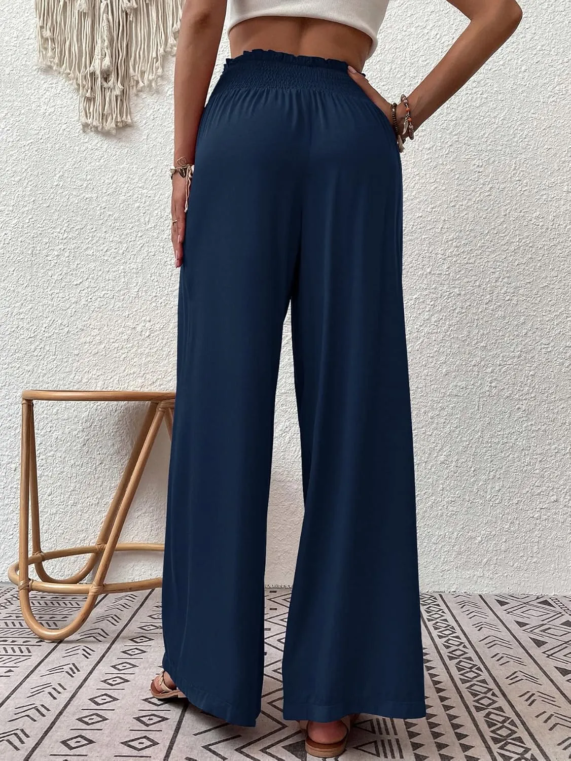 Febriajuce Womens High Waist Wide Leg Pants Smocked Elastic Waist Flowy Palazzo Lounge Pants Loose Trousers with Pockets