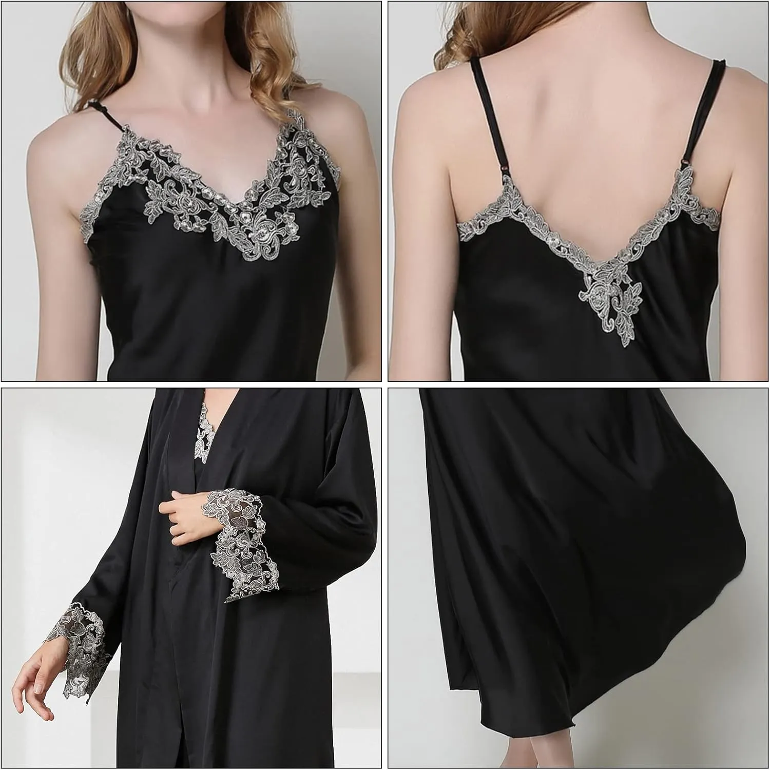 FEOYA Women's 2 Piece Satin Nightgown and Robe Sexy Silk Lace Pajamas Set Long V Neck Sleepwear for Ladies
