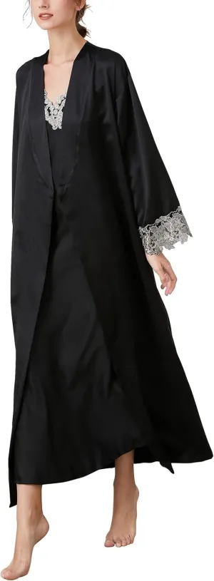 FEOYA Women's 2 Piece Satin Nightgown and Robe Sexy Silk Lace Pajamas Set Long V Neck Sleepwear for Ladies