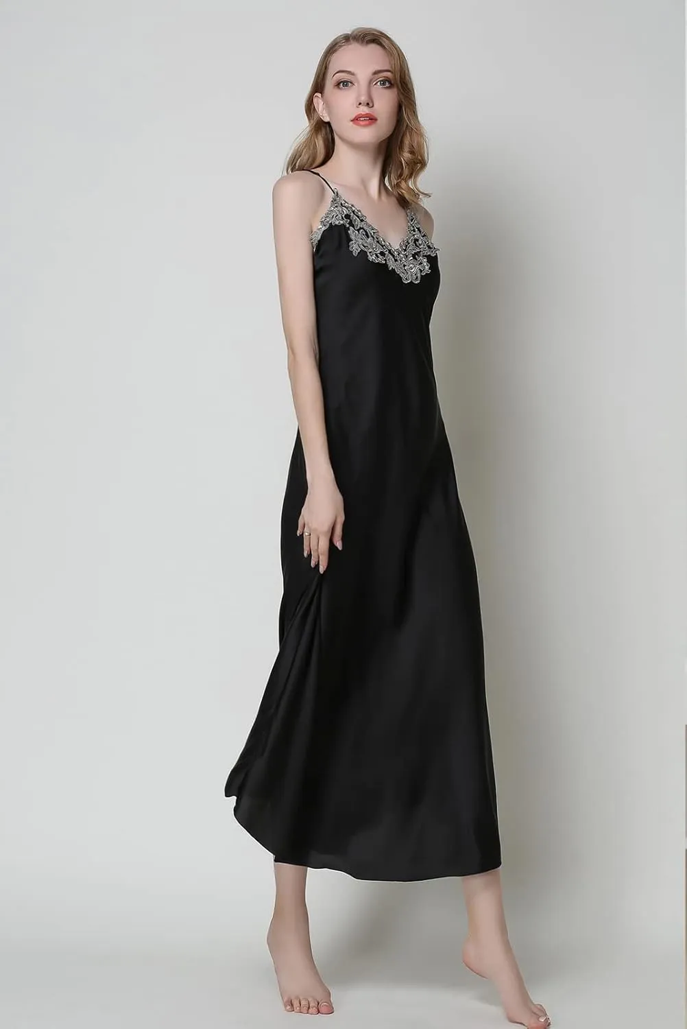 FEOYA Women's 2 Piece Satin Nightgown and Robe Sexy Silk Lace Pajamas Set Long V Neck Sleepwear for Ladies