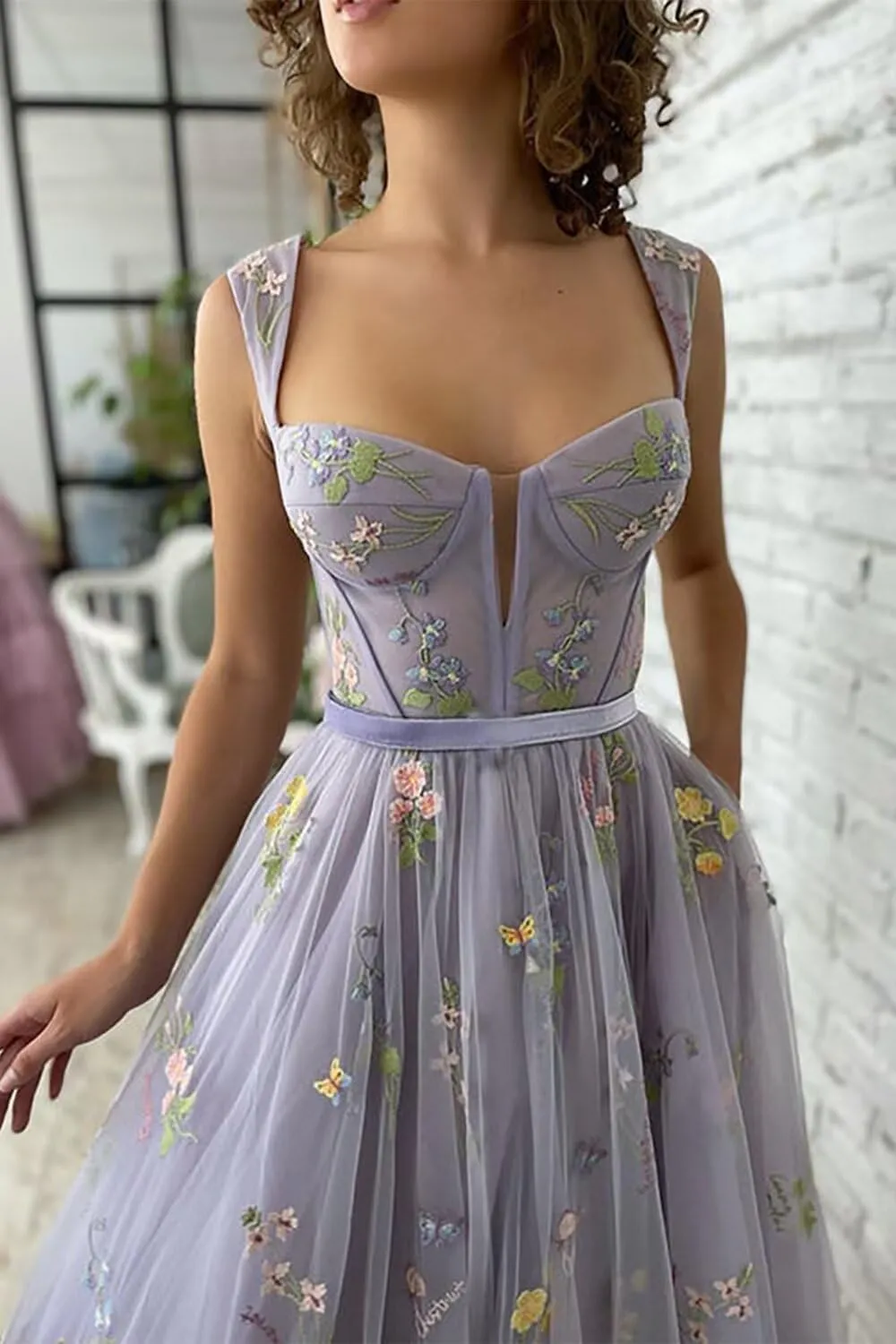 Fivsole Women's Midi Floral Prom Dresses Flower Embroidered Short Formal Tulle Evening Party Gown