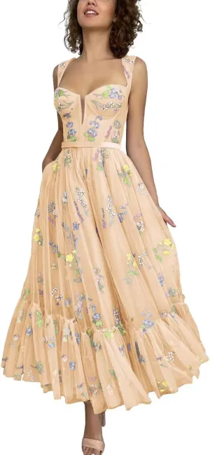 Fivsole Women's Midi Floral Prom Dresses Flower Embroidered Short Formal Tulle Evening Party Gown