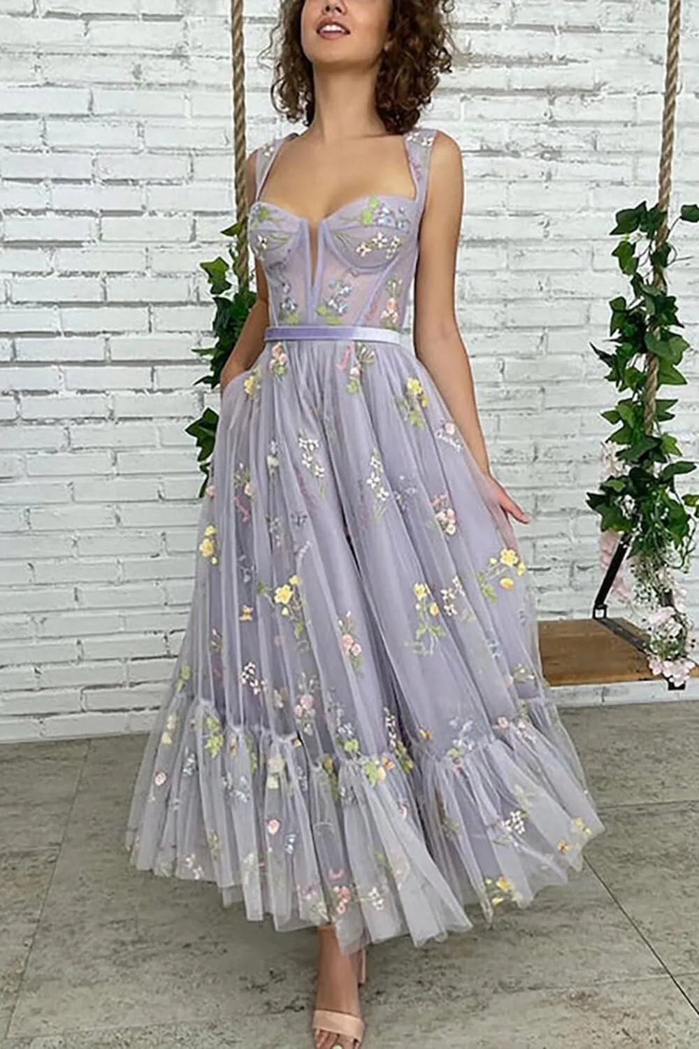 Fivsole Women's Midi Floral Prom Dresses Flower Embroidered Short Formal Tulle Evening Party Gown