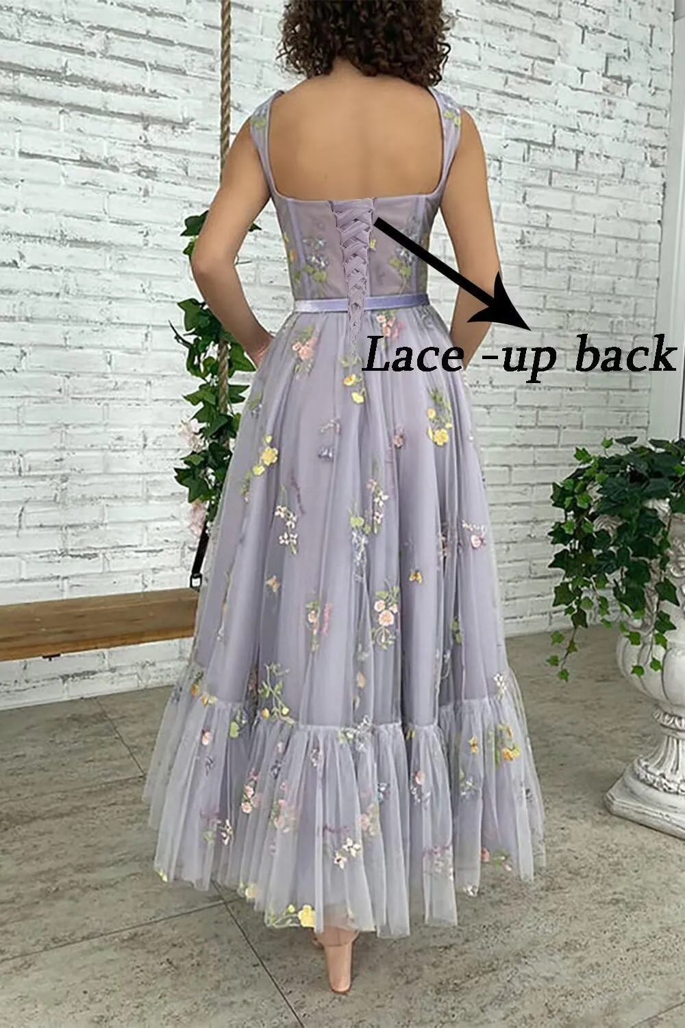 Fivsole Women's Midi Floral Prom Dresses Flower Embroidered Short Formal Tulle Evening Party Gown