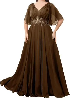 Floor Length Chiffon Mother of The Bride Dresses Flutter Sleeves A-Line Pleated Prom Dresses for Wedding Guest DR0732