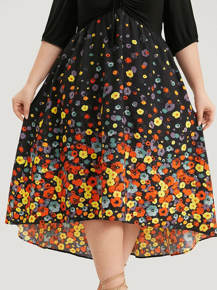 Floral Print Patchwork Drawstring Square Neck Dress