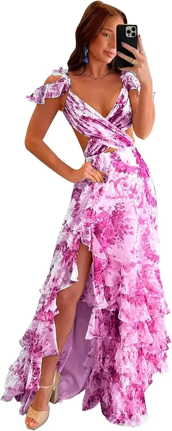 Floral Print Tiered Prom Dress with Slit Long Cross V Neck Ruffle Formal Evening Party Gown