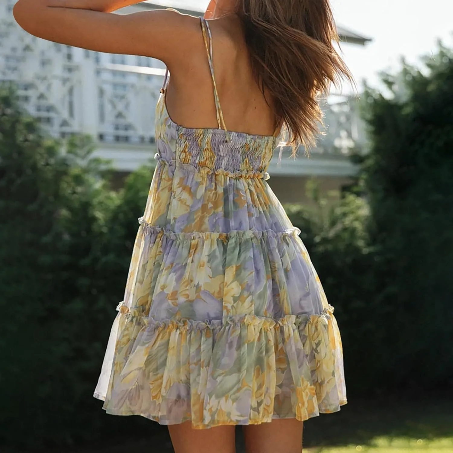 Floral Sundress for Women 2024 Casual Summer Back Smocked Sleeveless Dress Boho Layered Flowy Swing Beach Mini Dress