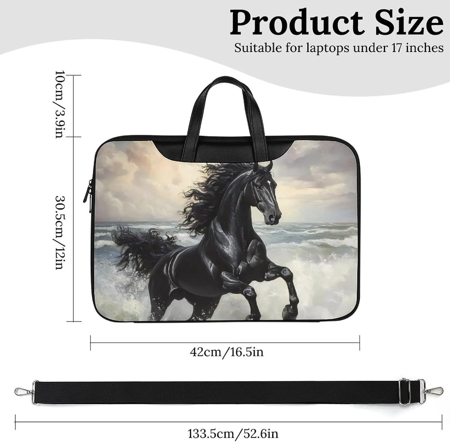 Galloping Black Horse Seaside Leather Bag Laptop Case Slim Water Resistant Computer Bags with Handle Briefcase for Work