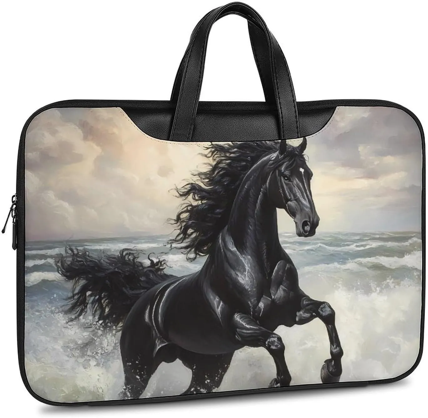 Galloping Black Horse Seaside Leather Bag Laptop Case Slim Water Resistant Computer Bags with Handle Briefcase for Work