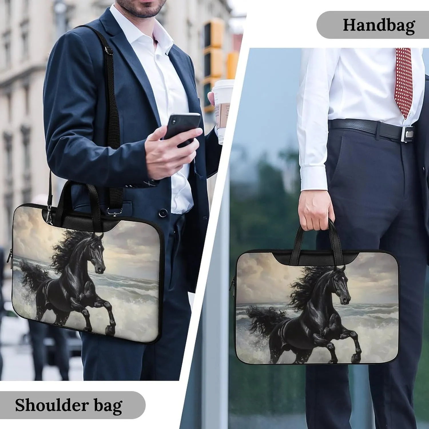 Galloping Black Horse Seaside Leather Bag Laptop Case Slim Water Resistant Computer Bags with Handle Briefcase for Work