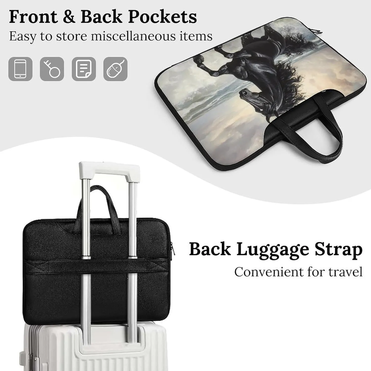 Galloping Black Horse Seaside Leather Bag Laptop Case Slim Water Resistant Computer Bags with Handle Briefcase for Work