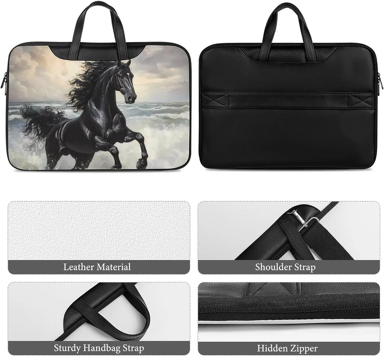 Galloping Black Horse Seaside Leather Bag Laptop Case Slim Water Resistant Computer Bags with Handle Briefcase for Work