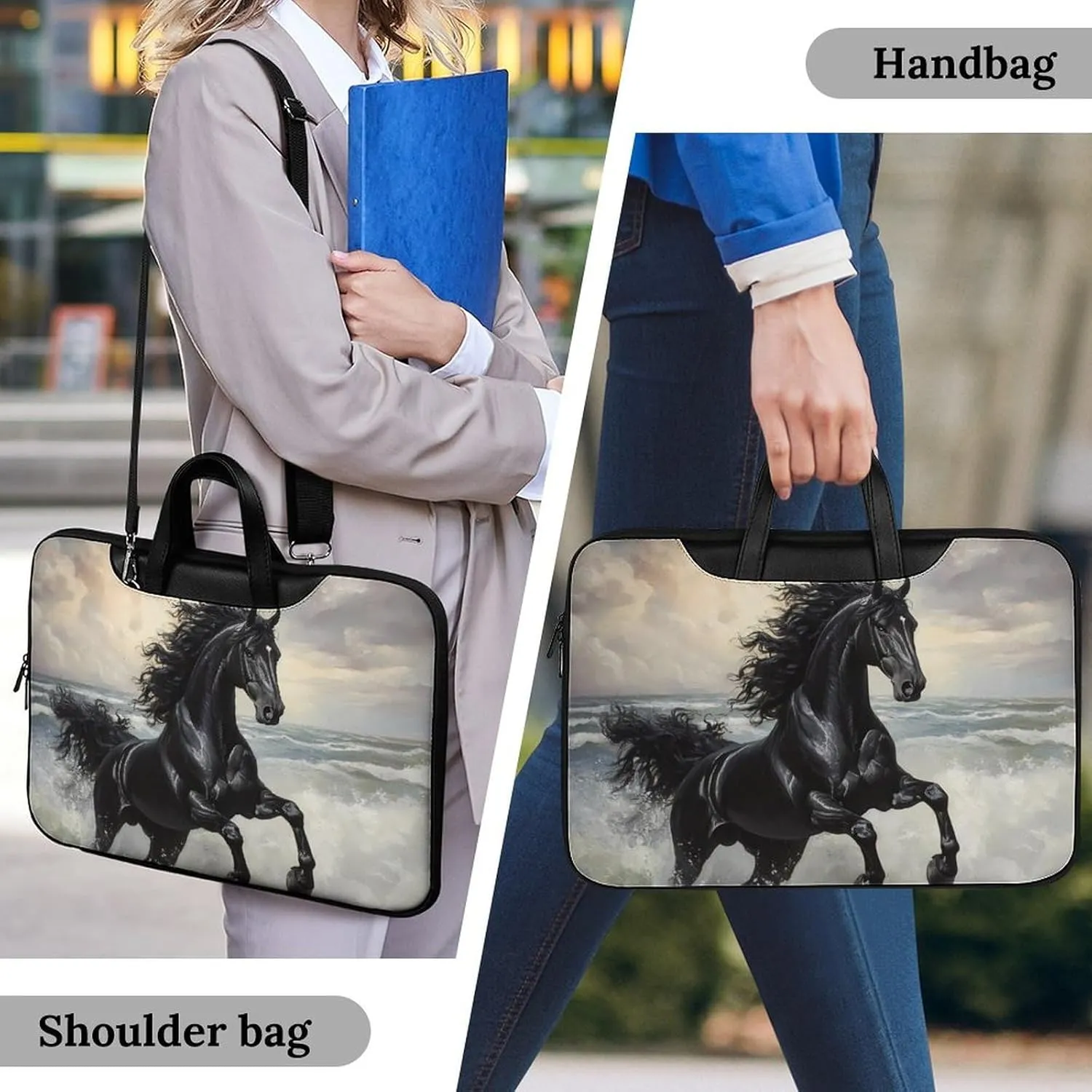Galloping Black Horse Seaside Leather Bag Laptop Case Slim Water Resistant Computer Bags with Handle Briefcase for Work