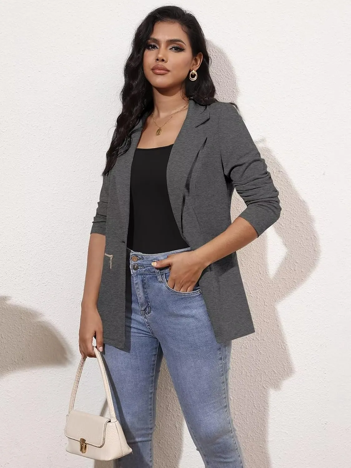 Genhoo Women's Long Sleeve Blazer Open Front Cardigan Jacket Work Office Blazer with Zipper Pockets S-3XL