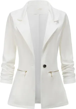 Genhoo Women's Long Sleeve Blazer Open Front Cardigan Jacket Work Office Blazer with Zipper Pockets S-3XL