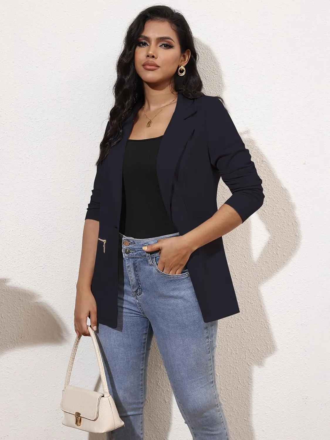 Genhoo Women's Long Sleeve Blazer Open Front Cardigan Jacket Work Office Blazer with Zipper Pockets S-3XL