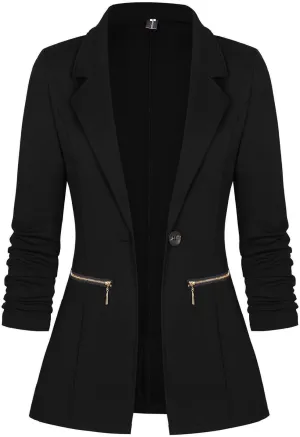 Genhoo Women's Long Sleeve Blazer Open Front Cardigan Jacket Work Office Blazer with Zipper Pockets S-3XL