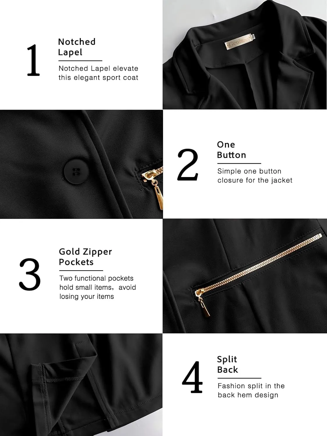 Genhoo Women's Long Sleeve Blazer Open Front Cardigan Jacket Work Office Blazer with Zipper Pockets S-3XL