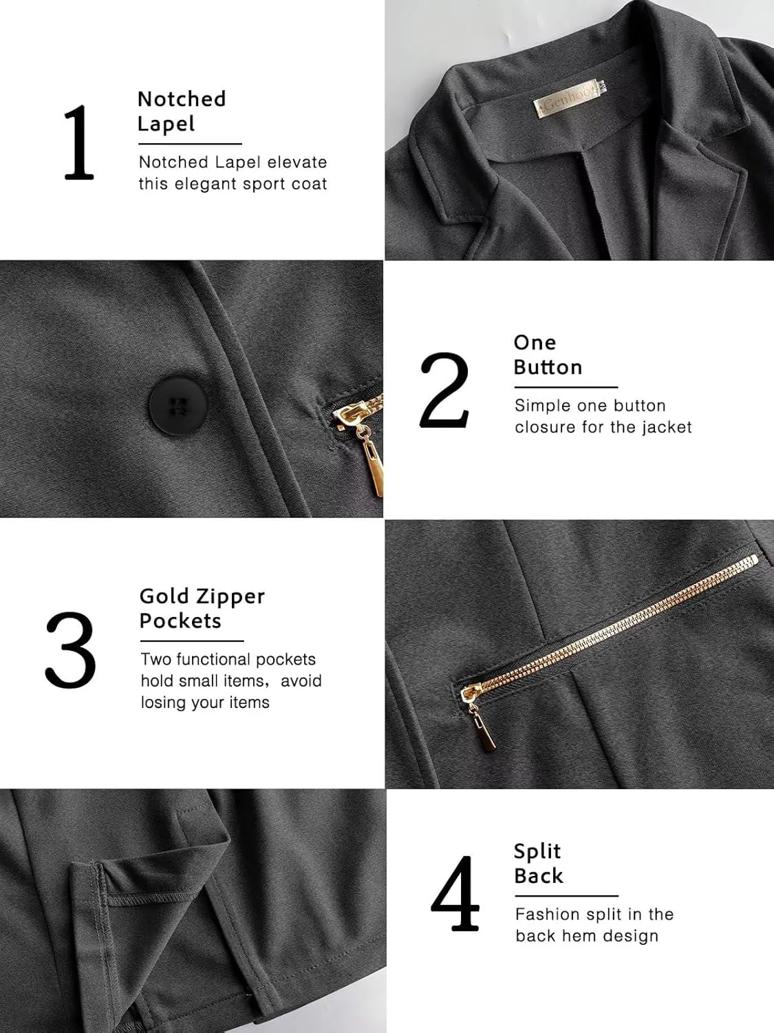 Genhoo Women's Long Sleeve Blazer Open Front Cardigan Jacket Work Office Blazer with Zipper Pockets S-3XL