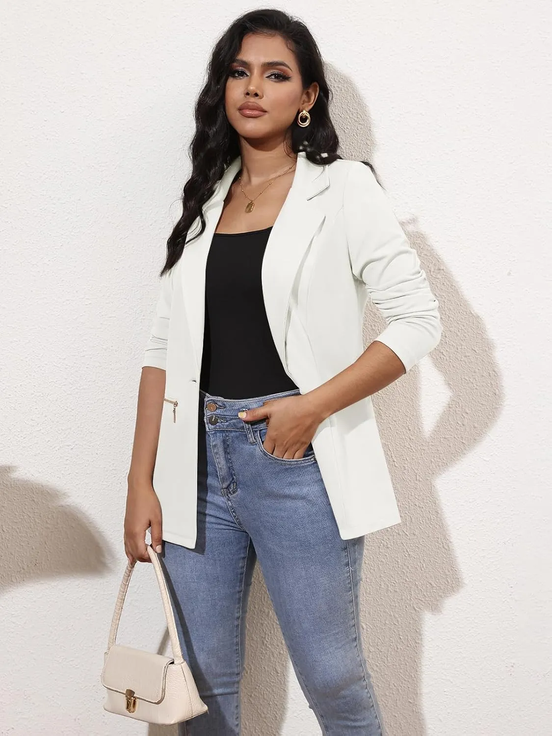 Genhoo Women's Long Sleeve Blazer Open Front Cardigan Jacket Work Office Blazer with Zipper Pockets S-3XL