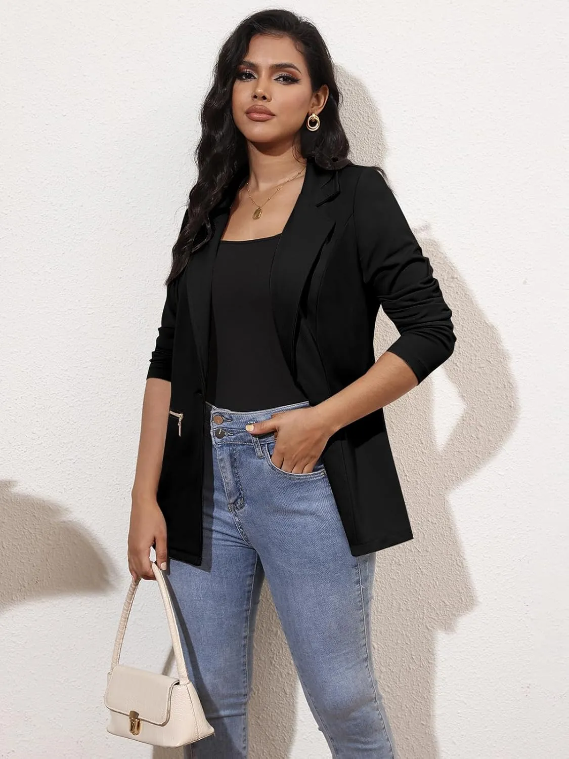 Genhoo Women's Long Sleeve Blazer Open Front Cardigan Jacket Work Office Blazer with Zipper Pockets S-3XL