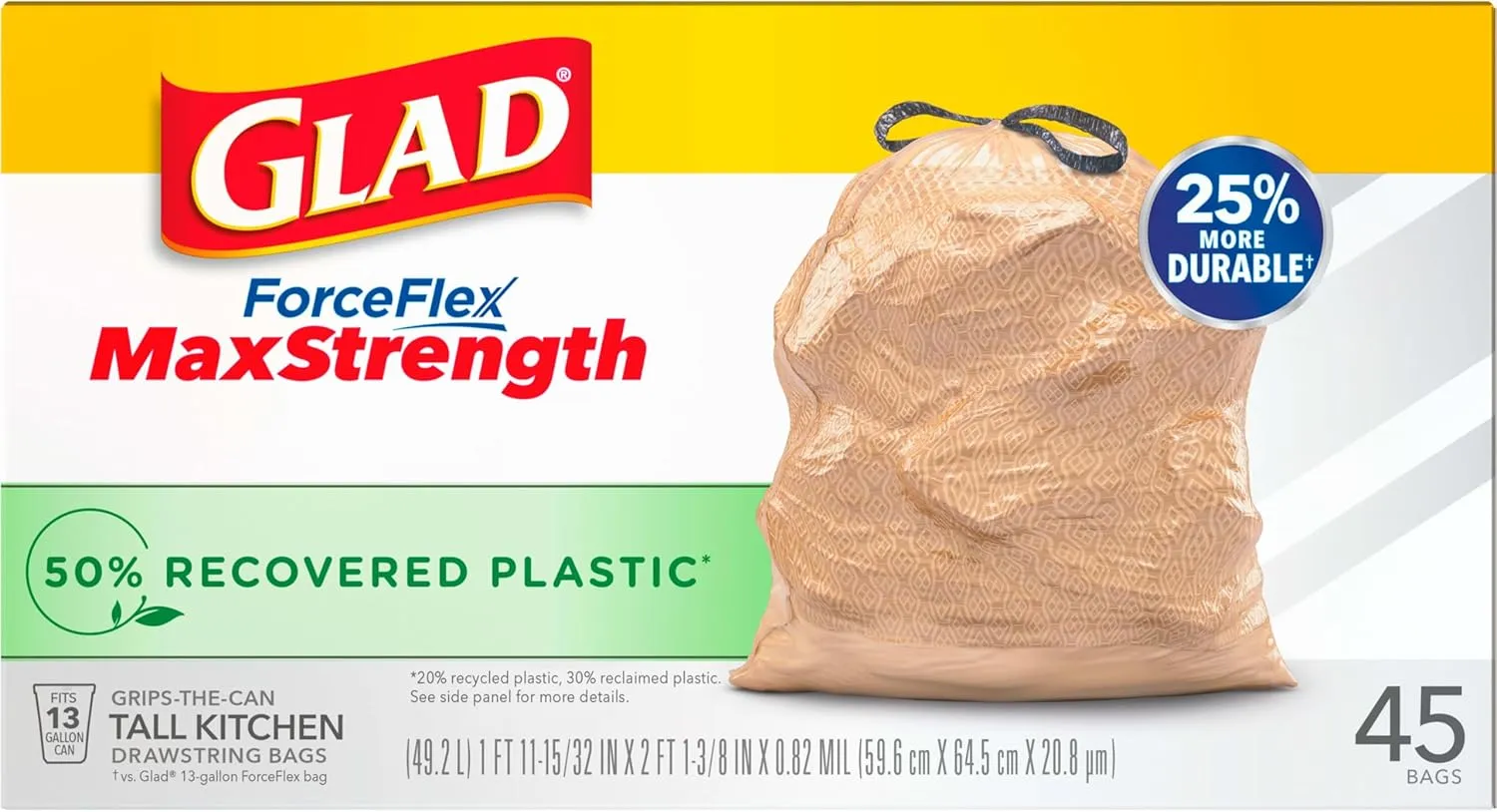 Glad ForceFlex MaxStrength Kitchen Trash Bags, 13 Gal, 45 Ct (Package May Vary)